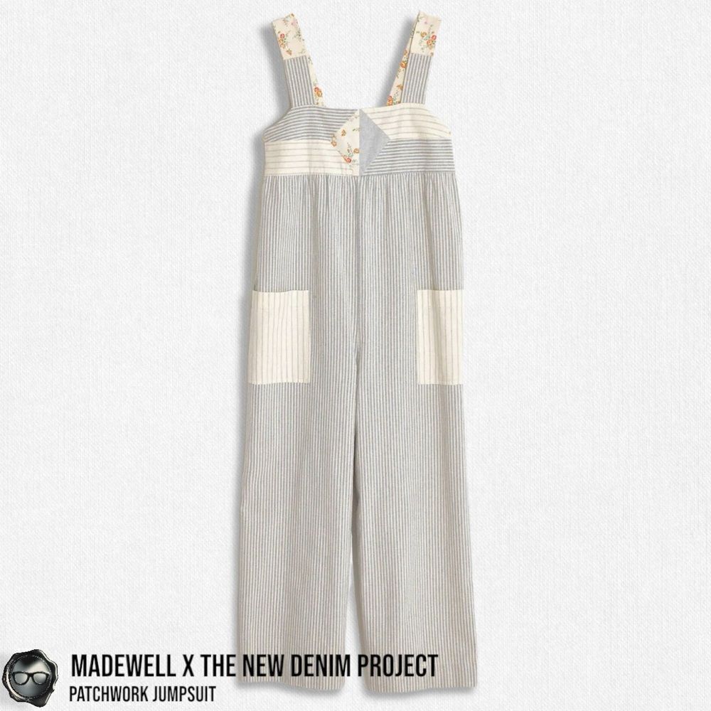 MADEWELL X THE NEW DENIM PROJECT PATCHWORK OVERALL JUMPSUIT BLUE RAILROAD STRIPE